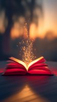 Magical open red book with glowing golden light and sparks rising from pages against blurred sunset background, creating mystical atmosphere for fantasy stories.