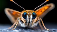 Extreme macro portrait of orange butterfly with large blue compound eyes and detailed antennae against dark background, showing intricate facial features and wing motion blur.