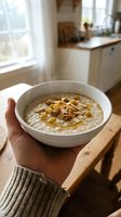 Person holding bowl of oatmeal porridge topped with nuts and seeds in bright kitchen. Healthy breakfast cereal meal ready to eat for nutrition and wellness.