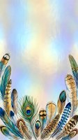Colorful feathers arrangement with peacock plumes on soft pastel gradient background for bohemian and nature-inspired designs.