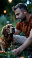 Mature Caucasian man with gray hair and beard wearing brown t-shirt bonding with golden retriever dog outdoors during sunset, sharing tender moment in garden.