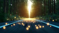 Magical forest path with glowing orbs and light rays creating mystical atmosphere at sunset. Enchanted woodland scene with luminous particles and sunbeams.