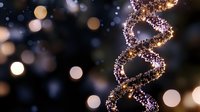 Glowing DNA helix structure with sparkling particles and bokeh lights on dark background creates magical scientific atmosphere. Medical research concept.
