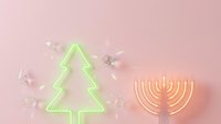 Modern holiday celebration with glowing neon green Christmas tree and golden menorah on soft pink background with floating glass ornaments.
