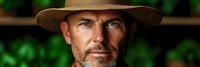 Middle-aged Caucasian man with beard wearing straw hat in natural outdoor setting with green foliage background for adventure and lifestyle concepts.