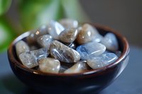 Polished moonstone and quartz crystals in dark ceramic bowl against blurred green background, natural healing stones for meditation and spiritual practices.
