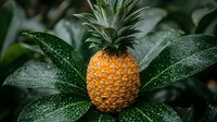 Fresh ripe pineapple fruit with water drops on green tropical leaves background in moody dark style, organic healthy food photography.