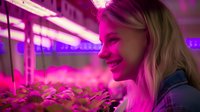 Young Caucasian woman smiling while examining plants under pink LED grow lights in modern indoor farming facility, showing sustainable agriculture and plant cultivation.