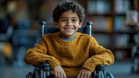 Young Latino boy wearing yellow sweater sitting in wheelchair at school library, smiling warmly at camera with positive, confident expression. Inclusive education concept.