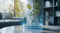 Digital plant in white pot on glowing platform with holographic data elements floating in modern living room interior, futuristic smart home concept.