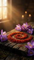 Saffron threads arranged in spiral on rustic wooden surface with purple crocus flowers in warm sunlight streaming through window creating atmospheric mood.