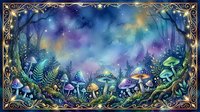 Enchanted forest floor with glowing mushrooms beneath a starry night sky, featuring vibrant aurora borealis colors and ornate golden border frame, suitable for fantasy artwork and magical themed designs.