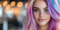 Young woman with vibrant multicolored pastel hair in pink, purple, and turquoise smiling warmly against soft bokeh background, perfect for beauty and hair styling concepts.