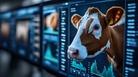 Brown and white dairy cow head against digital trading charts and market data screens, representing agricultural commodity trading and livestock futures market.