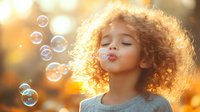 Curly-haired mixed-race girl with closed eyes blowing soap bubbles at sunset, backlit golden light illuminating her natural afro hair, wearing blue sweater, expressing joy.