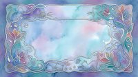 Watercolor decorative frame with cats, floral elements, and paw prints in pastel blue, purple, and pink tones, with copy space for text or design.