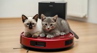 Two young tabby and cream-colored kittens sitting together on a red robotic vacuum cleaner in a modern home interior with wooden flooring.