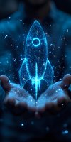 Glowing blue holographic rocket floating above hands with sparkles and network connections in dark background, futuristic space travel concept.