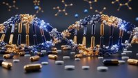 Virus particles with golden protein spikes surrounded by scattered pharmaceutical capsules and pills on dark background with molecular connections.