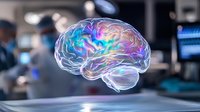 Glowing holographic brain with rainbow iridescent colors floating in medical laboratory environment, depicting neuroscience, artificial intelligence and brain research.
