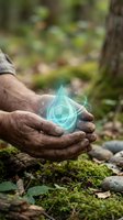 Hands holding glowing water droplet symbol in forest with moss and natural environment, representing conservation, sustainability, and environmental protection concepts.