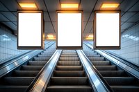 Empty advertising mockup billboards above escalator in modern subway station with warm lighting and blue tiled walls, symmetrical perspective.
