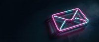 Glowing neon email envelope icon with pink and blue lights on dark background for digital communication and marketing design concepts.