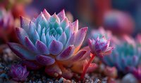 Vibrant blue and pink succulent plants with water droplets growing in garden, creating colorful natural composition for home decor or botanical design.