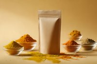 Blank kraft paper pouch surrounded by colorful spice powders in glass bowls on golden background, showcasing packaging for culinary ingredients.
