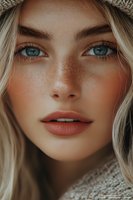 Close up portrait of young blonde woman with blue eyes, freckles and natural makeup wearing knit sweater, soft natural lighting creates dreamy atmosphere.