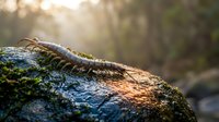 Millipede crawling on moss-covered log in forest with warm sunlight filtering through trees creating natural bokeh background for nature photography.