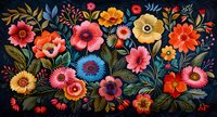 Vibrant folk art floral composition with pink, orange, yellow and blue blooms against dark background, decorative leaves