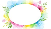Watercolor floral frame with rainbow gradient background and white oval space for text, featuring pink flowers and green leaves for greeting cards.