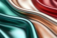 Smooth flowing waves of luxurious satin fabric in emerald green, pearl white and burgundy red create elegant abstract background pattern with soft folds and curves.
