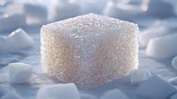 Macro shot of white sugar cube with crystalline texture on blurred background of scattered sugar pieces, soft focus creates dreamy atmosphere.