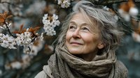 Elderly Caucasian woman with gray hair wearing beige scarf smiling peacefully among blooming cherry blossom branches in spring garden setting for wellness concepts.