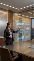 Professional businesswoman interacting with holographic workflow automation interface in modern conference room with digital charts and graphs.