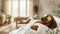 Relaxed dachshund dog wearing cucumber eye mask lying on spa bed in wellness center. Pampered pet enjoying luxury treatment in serene massage room.