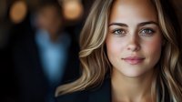 Young blonde Caucasian businesswoman with wavy hair and professional makeup in corporate office environment with blurred colleagues in background.