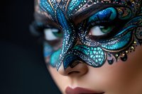 Close-up portrait of woman wearing artistic turquoise and blue butterfly masquerade makeup with rhinestones and intricate details against dark background.