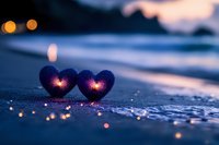 Two glowing purple hearts on wet sand at twilight beach with bokeh lights creating romantic atmosphere for Valentine's Day and love concepts.
