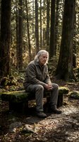 Senior Caucasian man sitting on moss-covered log in peaceful forest setting, contemplating nature during golden hour sunlight filtering through trees.