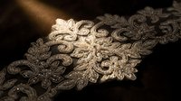 Elegant vintage lace trim with intricate floral embroidery patterns in warm golden light creating romantic textile detail for wedding and fashion design.