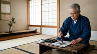 Senior Asian male artist practicing traditional calligraphy with brush and ink on paper at wooden desk in minimalist Japanese-style room with natural light.