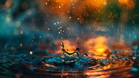 Water drop splash creating crown shape with concentric ripples on surface during rain, dramatic orange and teal bokeh background creates moody atmosphere.