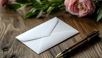 White envelope with vintage fountain pen on rustic wooden table, pink rose and green leaves in soft focus background for romantic correspondence.