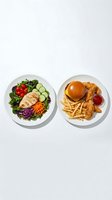 Healthy grilled chicken salad with fresh vegetables and fried chicken burger with fries, illustrating nutritious versus indulgent meal choices for diet comparison.