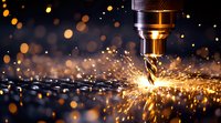 Industrial drill bit cutting metal with bright orange sparks flying against dark background with bokeh lights, dramatic close-up shot showing metalworking precision.