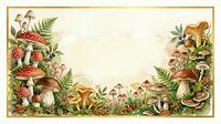 Watercolor forest mushroom frame with ferns and foliage on cream background. Natural botanical border for autumn designs and seasonal projects.