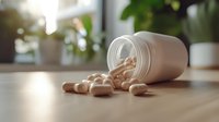 Spilled prescription medication capsules from white bottle on wooden surface, soft focus background with window light and plants, healthcare concept.